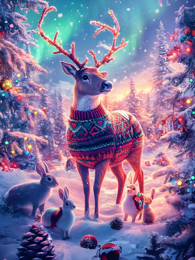Cozy Christmas Reindeer In Festive Sweater Enchanted Winter Wonderland