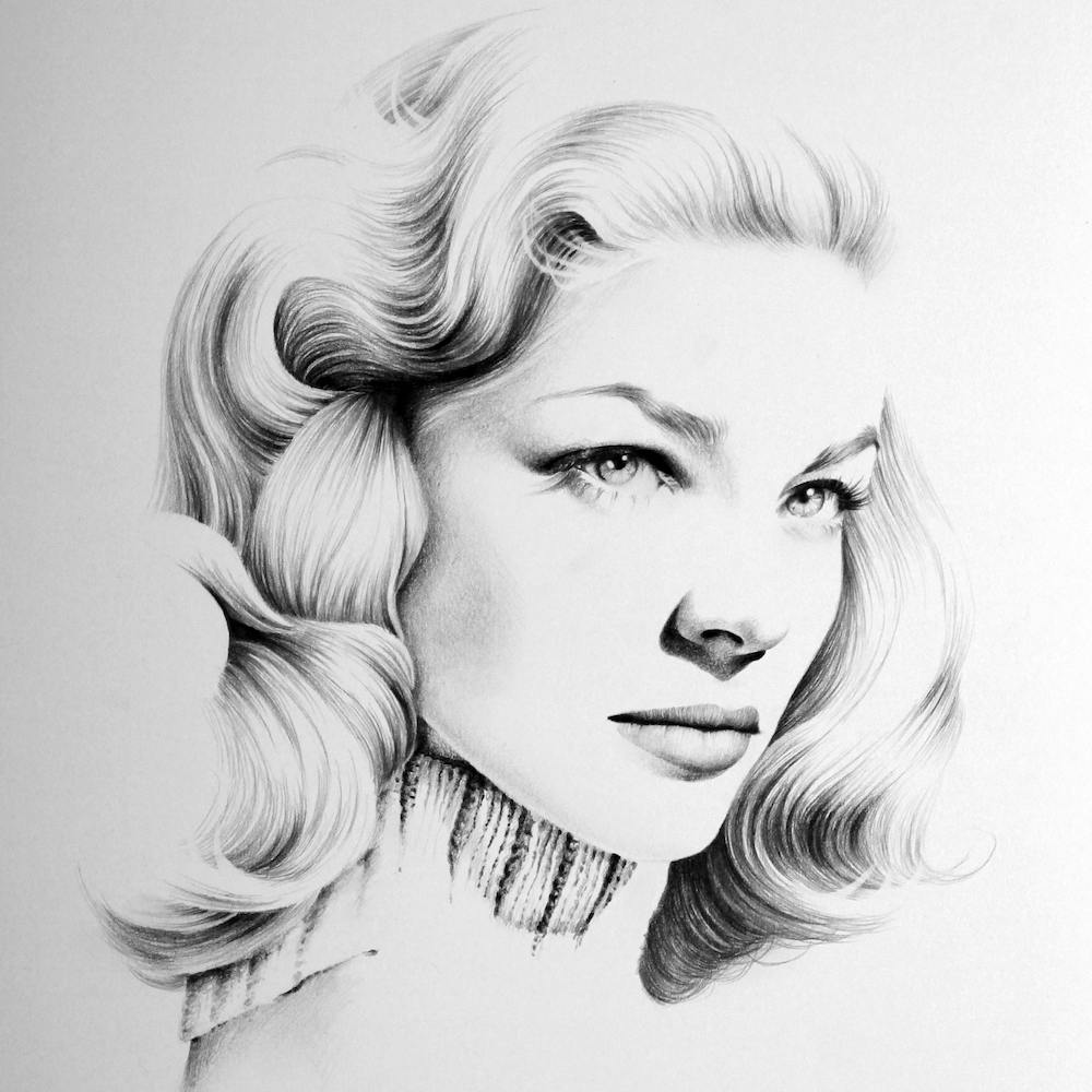 Lauren Bacall Pencil Drawing Portrait Minimal Black and White Old Hollywood Vintage 1940s Film Noir
