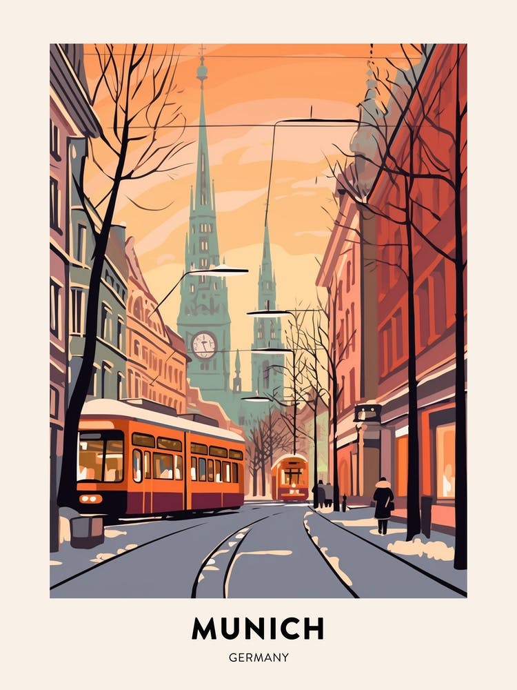 Vintage Winter Travel Poster Munich Germany 1
