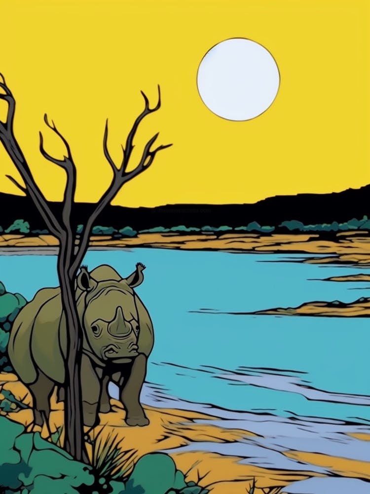 Simple Line Illustration Rhino By The River 5
