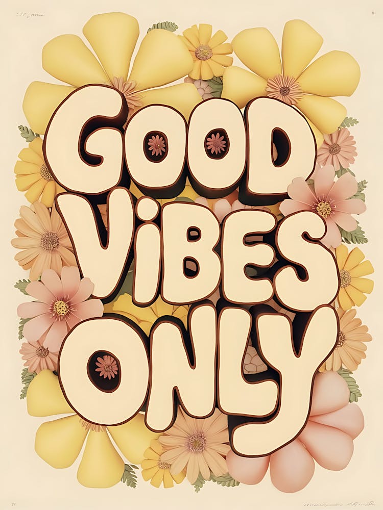 Flower Power Typography Good Vibes Only In Pastel Blooms Yellow 3