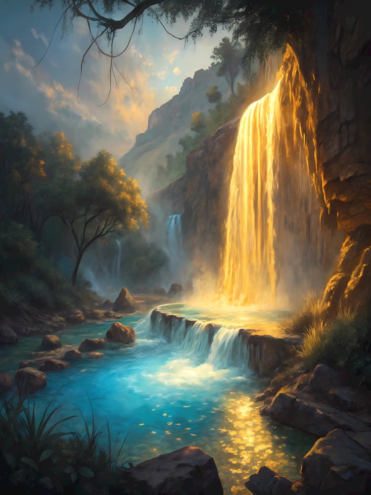 Golden Falls Enchanting Waterfall Landscape with Glowing Water