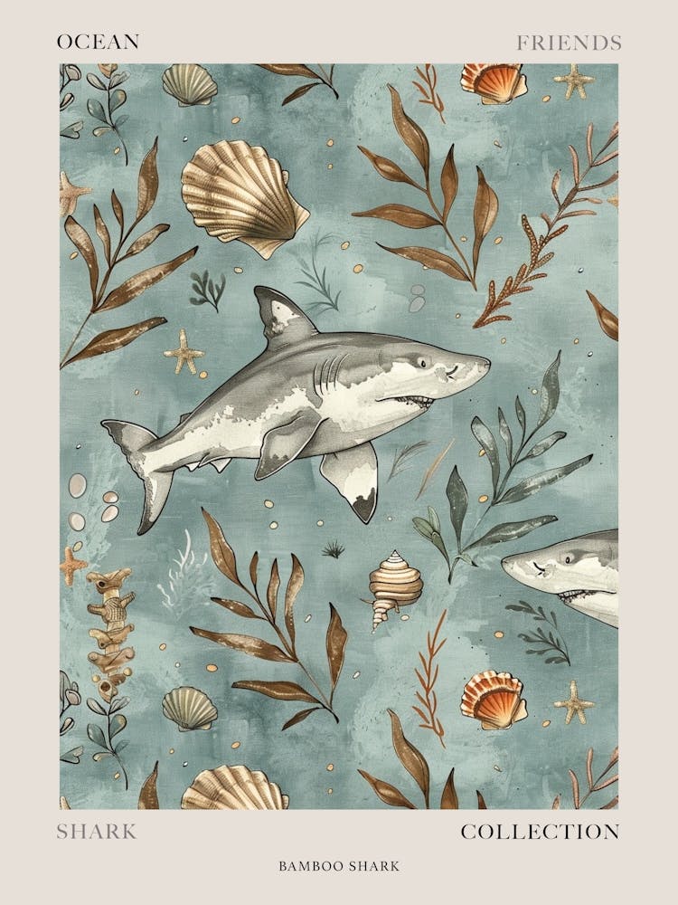 Pastellblau Bambushai Aquarell Meereslandschaftsmuster 1 Poster