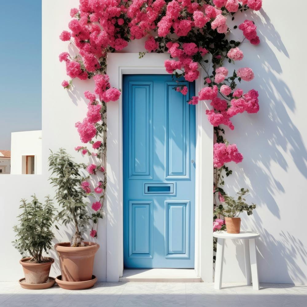 Blue Door With Pink Flowers 1