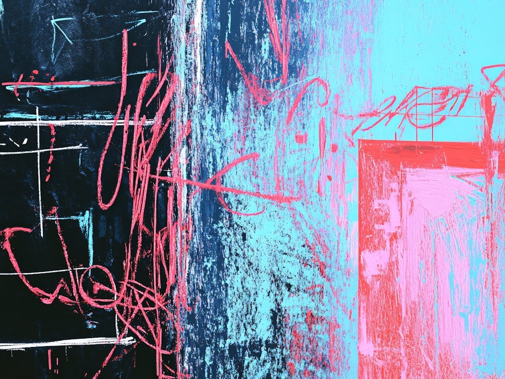 Abstraktes Gemälde Pink, Blau und Schwarz 1