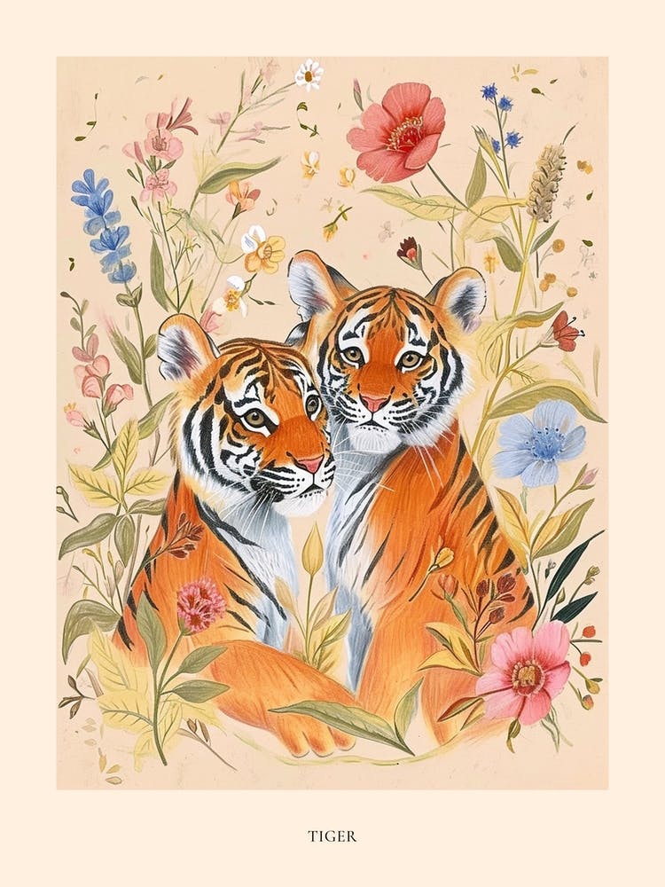 Folksy Floral Animal Drawing Tiger 7 Poster