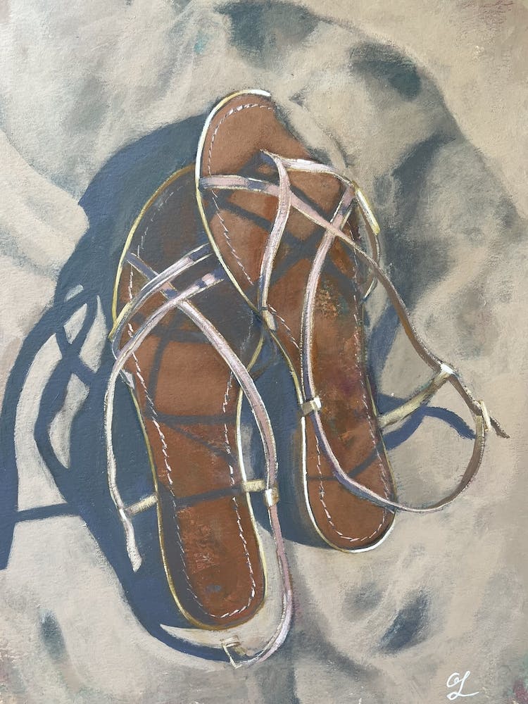 Coastal Dreams: Beach Sandals in the Sand, vacation fashion, acrylic painting on paper, summer holidays, shoes