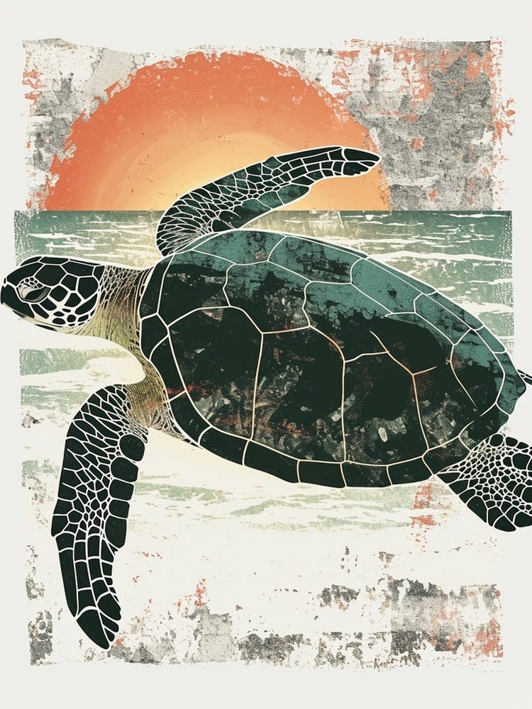 Vintage Sea Turtle At Sunset Painting 1