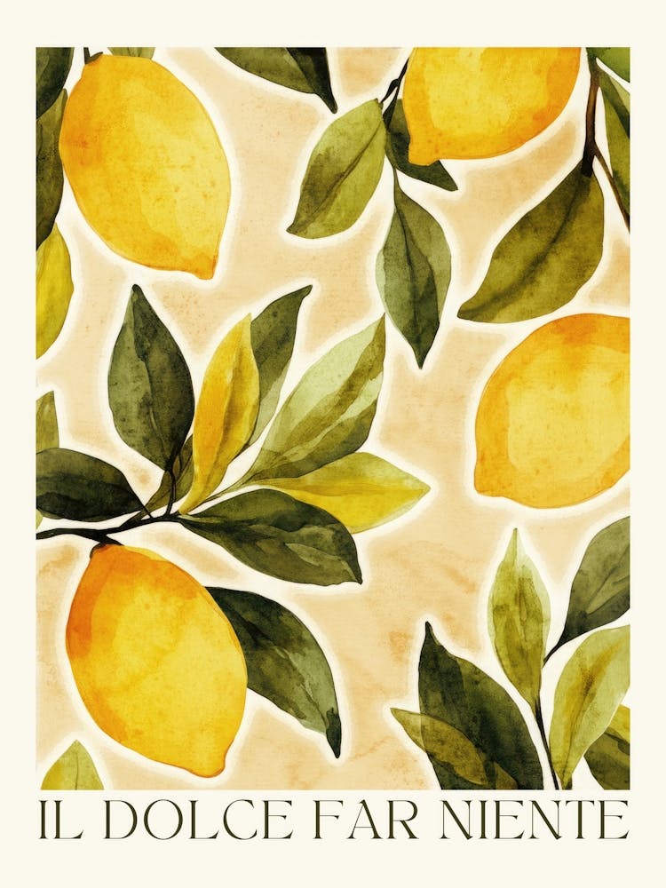 Il Dolce Far Niente lemons print in golden yellow, sage green, soft cream – rustic Mediterranean watercolor painting in the style of botanical vintage posters perfect for Italian kitchen decor, relaxed dining rooms, farmhouse kitchens, elegant living room