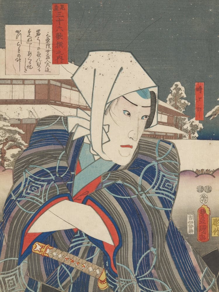 Portrait Of A Man Wearing A White Headscarf With Splatters On Top And A Kimono With Grey, Blue And Purple