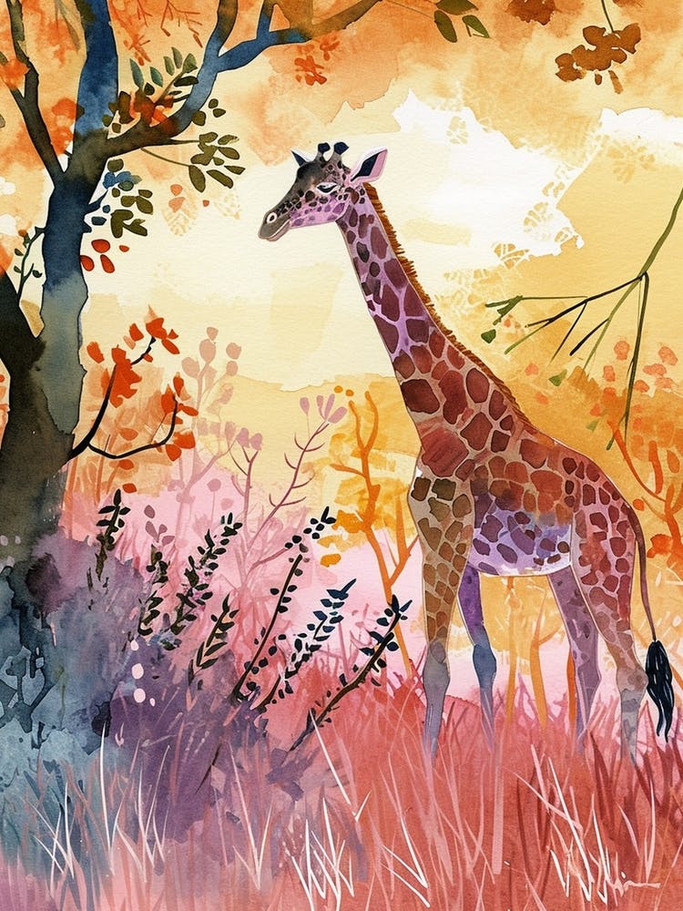 Cute Giraffe In The Leaves Watercolour Style Illustration 2