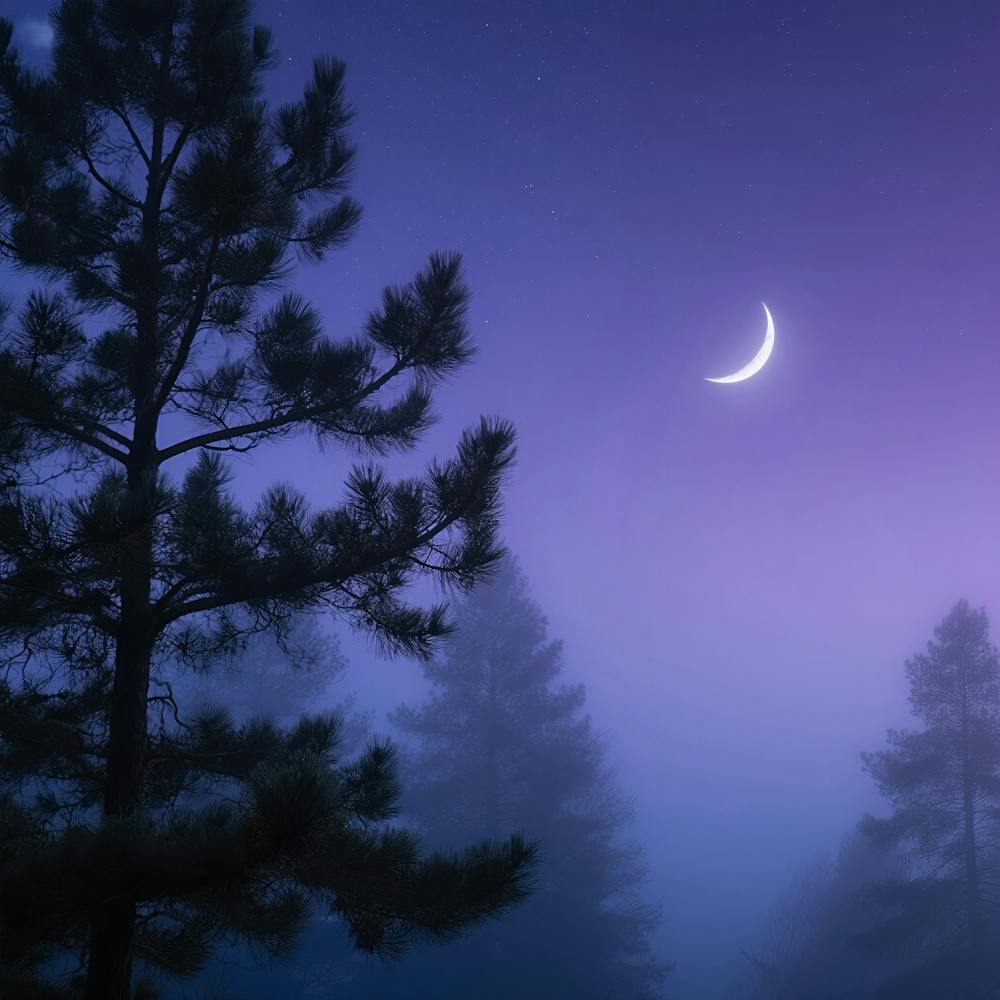 Moon And Pine Trees At Night