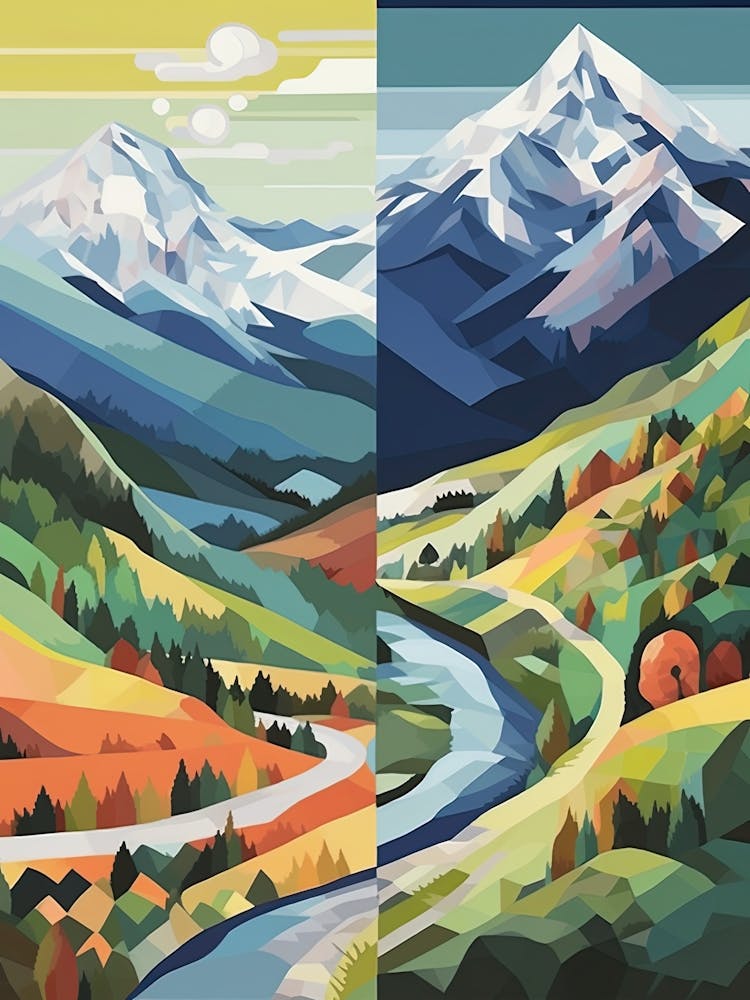 The Alps   Summer Winter Geometric Vector Illustration