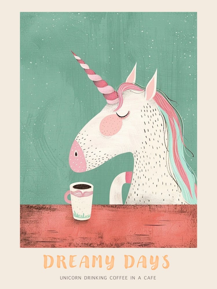 Pastel Storybook Style Unicorn Drinking Coffee In A Cafe 1 Poster