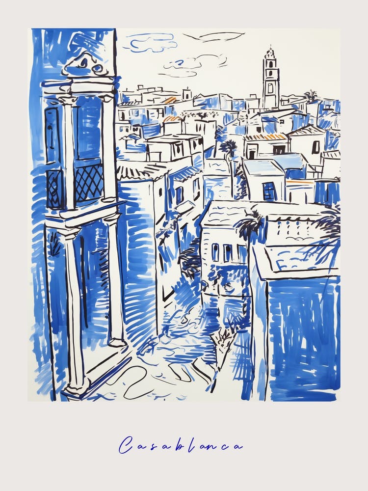 Casablanca Morocco Mediterranean Blue Drawing Poster