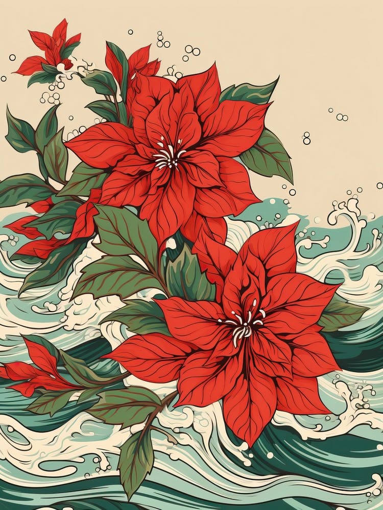 Great Wave With Poinsettia Flower Drawing In The Style Of Ukiyo E 3