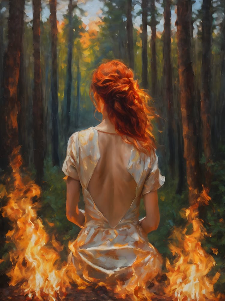 The Unburnt - Beautiful Red Haired Woman in a Fiery Forest, She Does Not Burn - Powerful Witchy Pagan Red Headed Witch Celtic Painting Fire Element