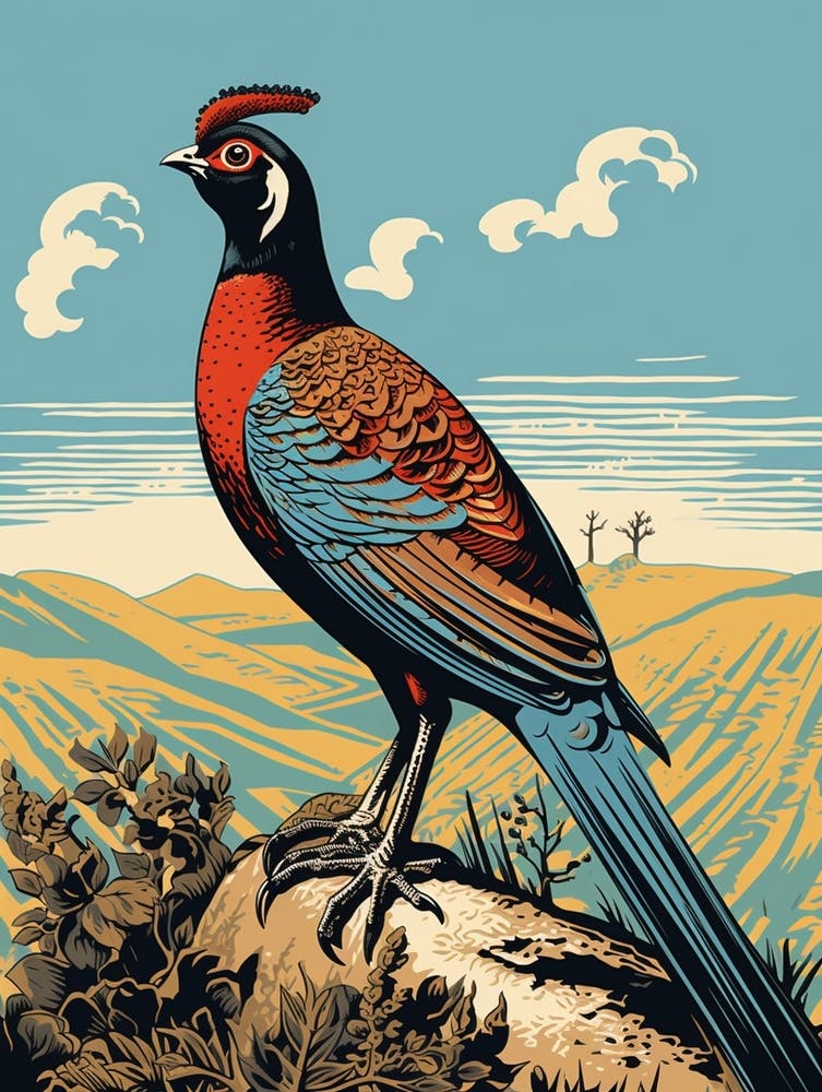 Vintage Bird Linocut Pheasant 3