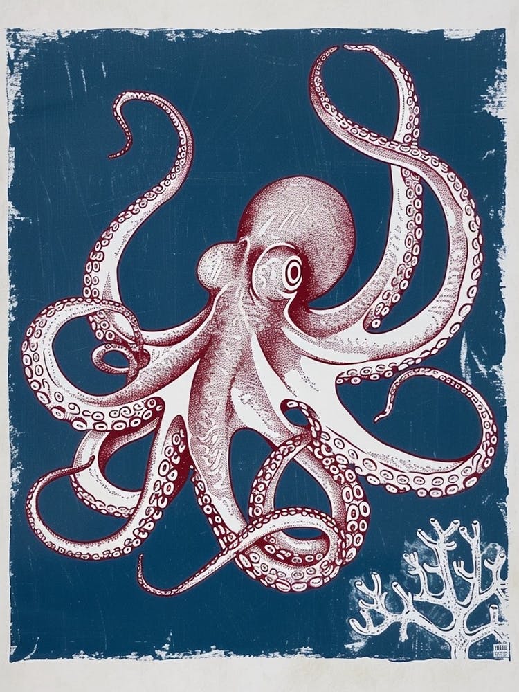 Red & Navy Octopus Linocut Inspired In The Ocean 5