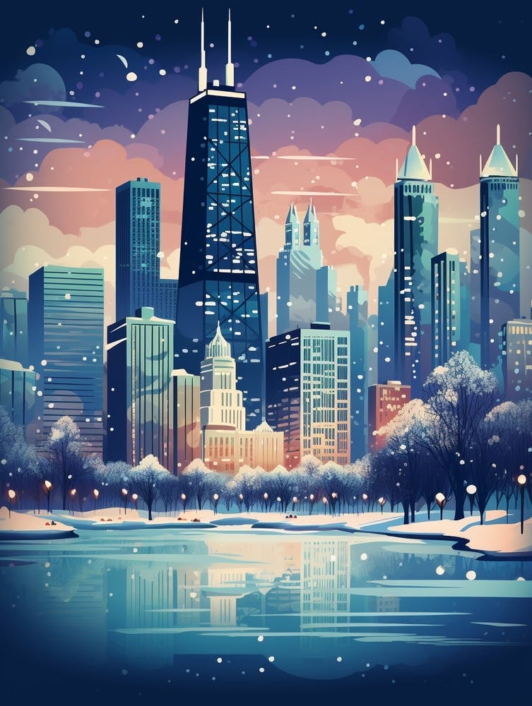 Winter Travel Night Illustration Chicago Usa 3
