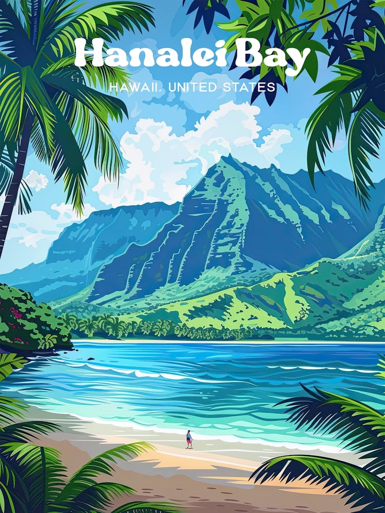 Hanalei Bay Hawaii Tropical Island Digital Travel Art