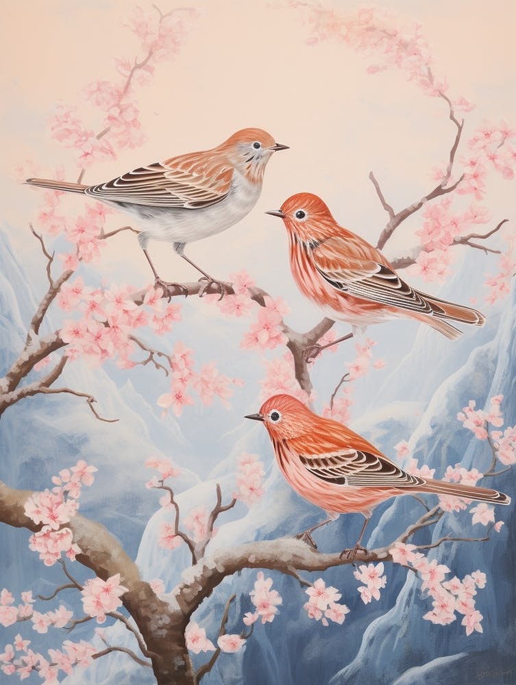Vintage Japanese Inspired Bird Print Hermit Thrush 1