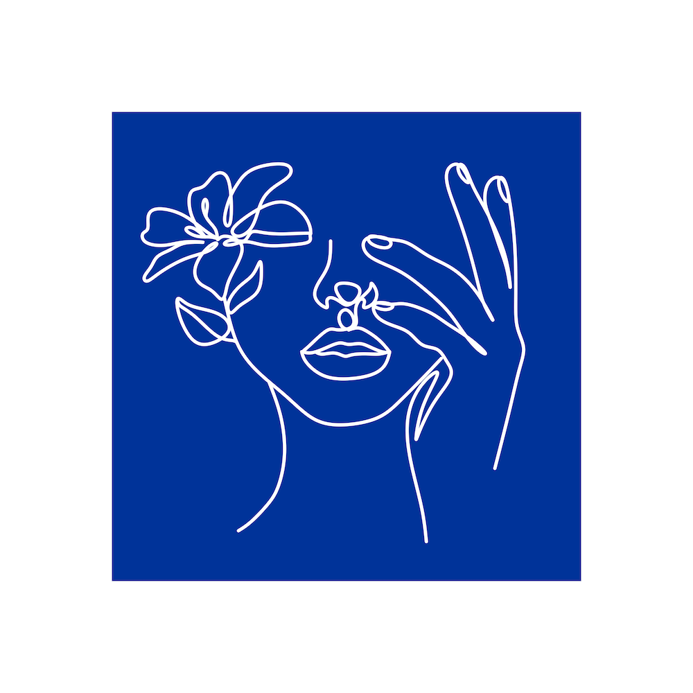 Woman with Flower Blue Line Print