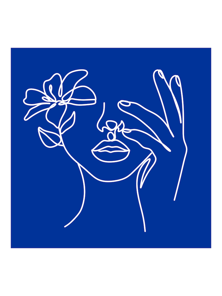 Woman with Flower Blue Line Print