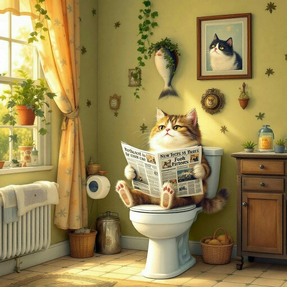 Cat Reading Newspaper in toilet