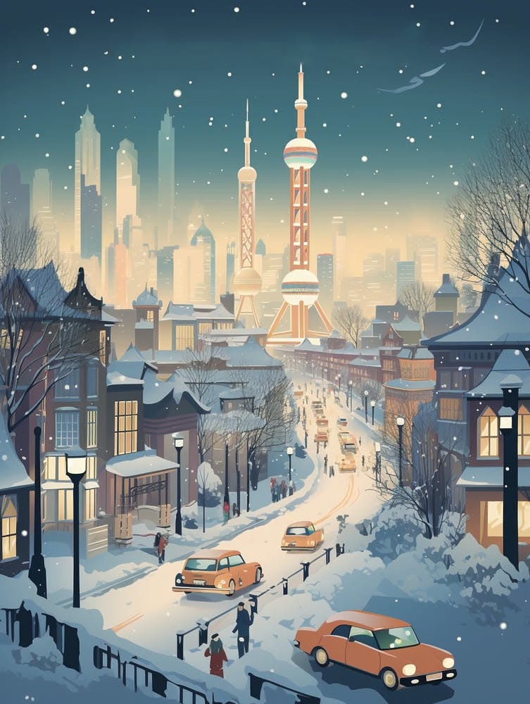 Winter Travel Night Illustration Shanghai China 1