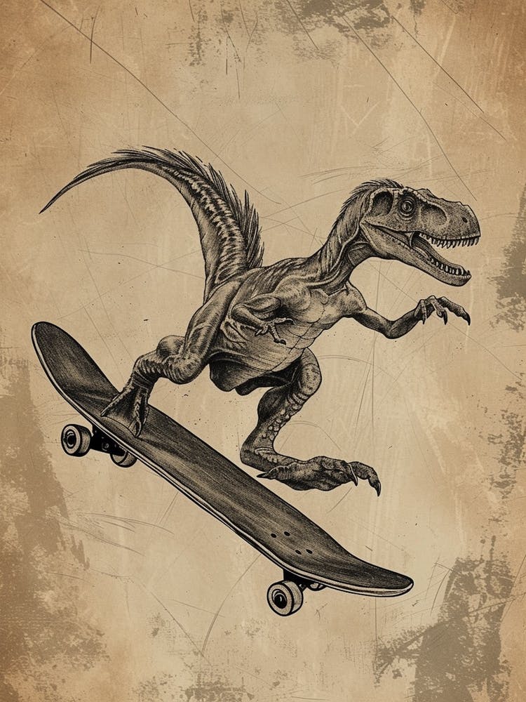 Vintage Protarchaeopteryx Dinosaur On A Skateboard  1