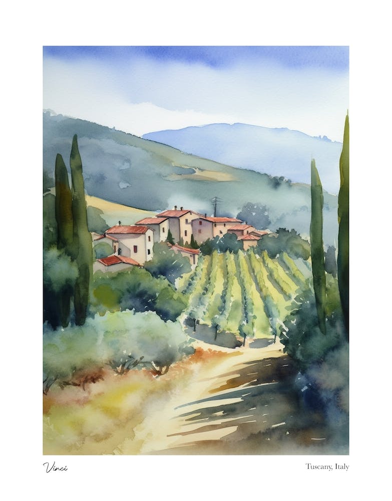 Vinci, Tuscany, Italy 2 Watercolour Travel Poster