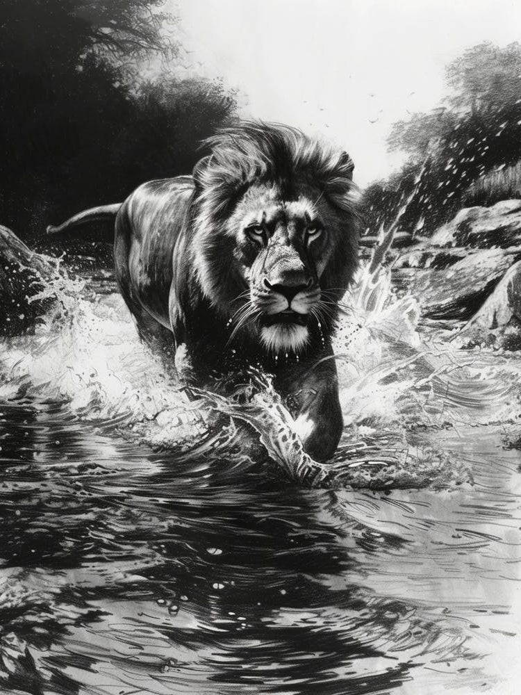 Barbary Lion Charcoal Drawing Crossing A River 3