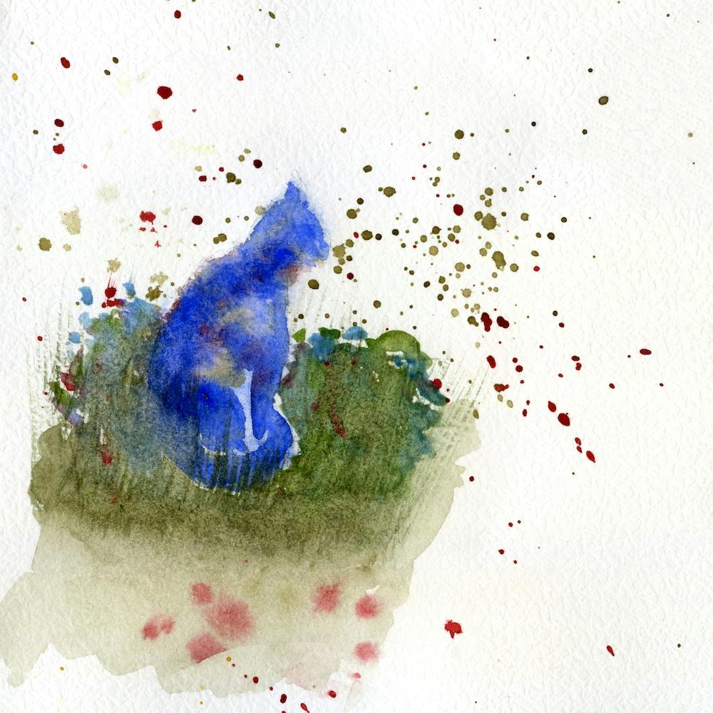 Blue Cat In Meadow Watercolor Painting
