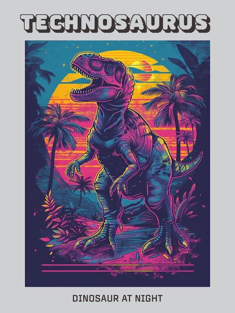 Neon-Dinosaurier bei Nacht in Jurassischer Landschaft 2 Poster