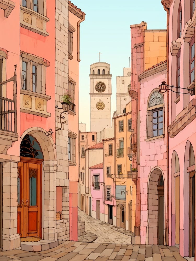 Marseille France 5 Vintage Pink Travel Illustration