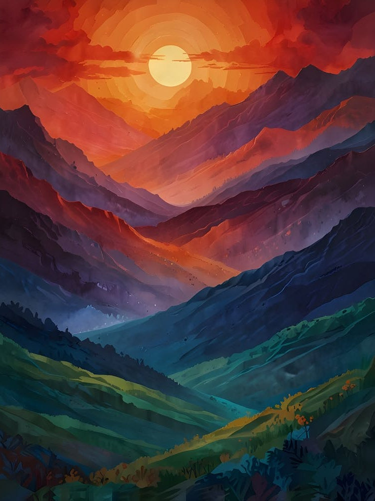 A breathtaking abstract landscape featuring layered mountains in vibrant hues of red, orange, and purple, transitioning into deep blues and greens. 1
