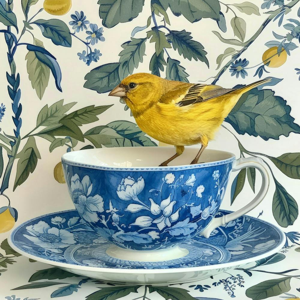 Yellow Finch On Teacup