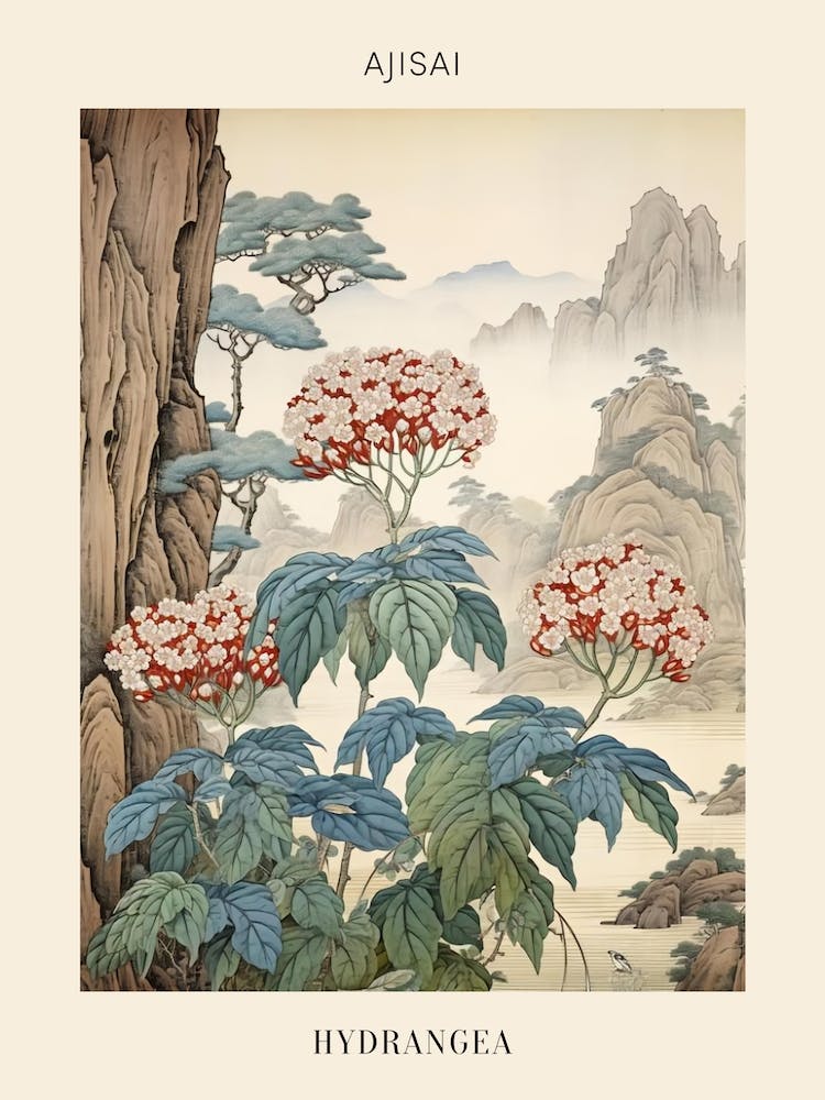 Ajisai Hydrangea 2 Japanese Botanical Illustration Poster