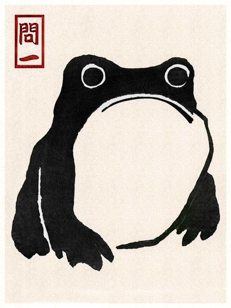 Japanese Grumpy Black Frog von Matsumoto Hoji – Berühmter Vintage-Holzschnitt-Frosch | 1814 Lesezeichenstempel Kunstwerk aus Japan