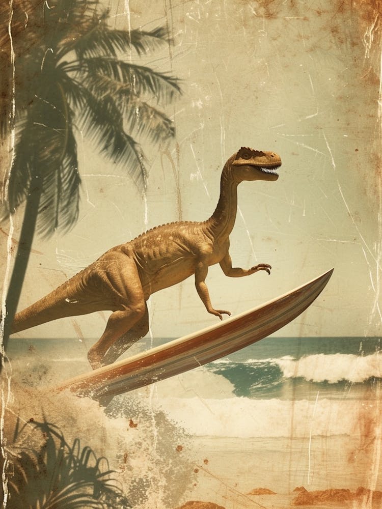 Vintage Parasaurolophus Dinosaur On A Surf Board 2