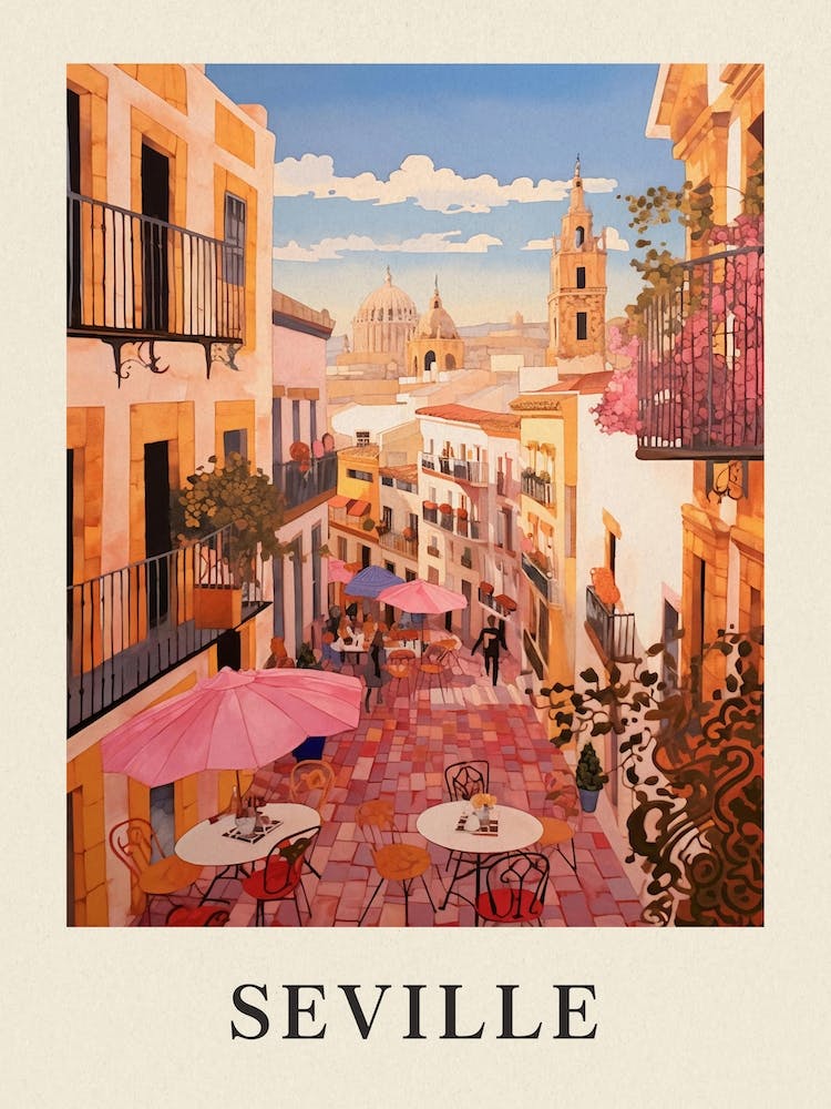 Seville Spain 2 Vintage Pink Travel Illustration Poster