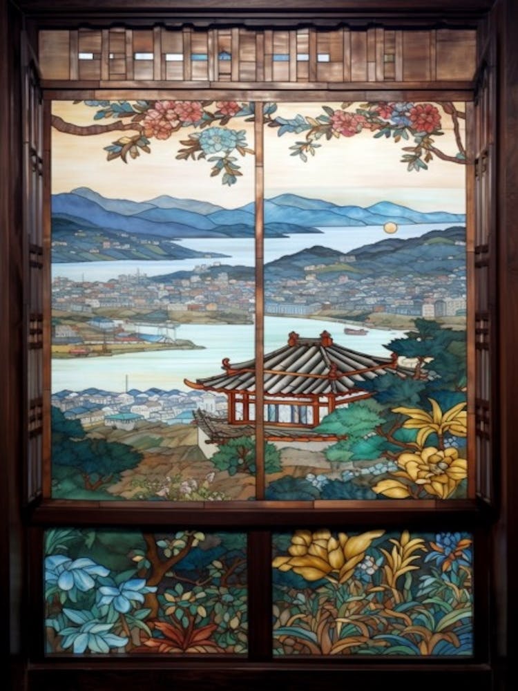 Window View Of Seoul South Korea In The Style Of William Morris 2