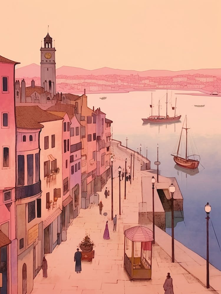 Santander Spain 2 Vintage Pink Travel Illustration