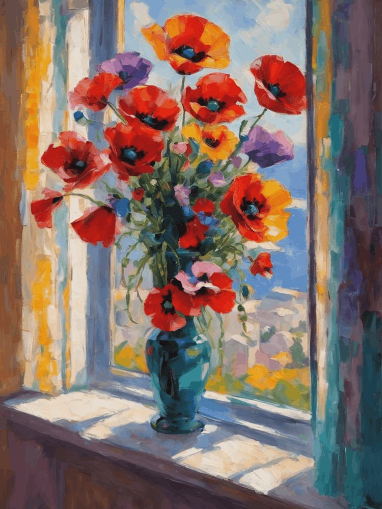Coquelicots dans un Vase près de la Fenêtre dans le Style de Matisse, Peinture à l'Huile Colorée Vibrante pour Décoration Murale Caractéristique Haute Résolution Belle 1