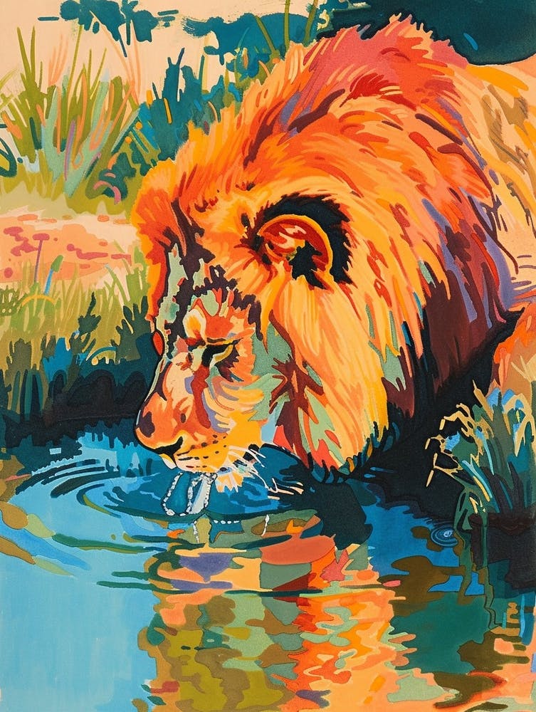 Transvaal Lion Drinking From A Watering Hole Fauvist Painting 4
