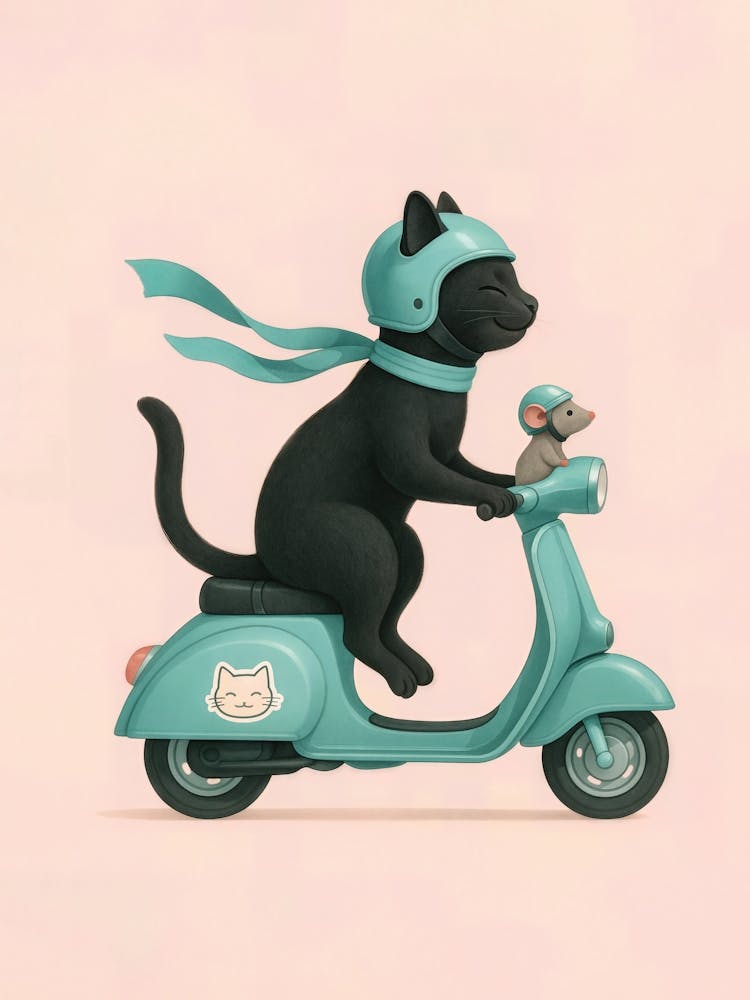 Cat and Mouse on Vespa – Cute Scooter Animal Friends: Best friends on wheels – this kitten and mouse ride through teal skies on a scooter adventure. A whimsical and adorable poster full of friendship, fun, and kids room energy.