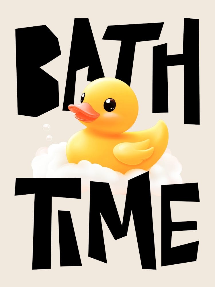 Cute Rubber Duck Bathroom Art for Kids, Beige and Black Bath Time Poster Rubber Ducky Wall Print for Nursery or Playroom, Funny wall art for Bathroom Decor