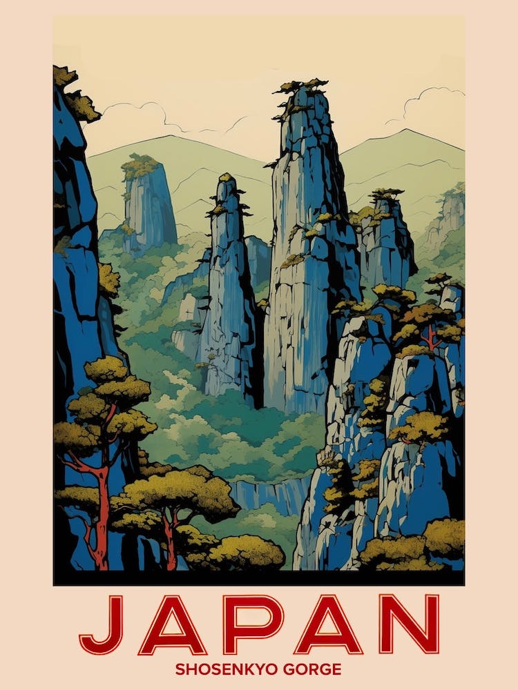 Shosenkyo Gorge, Visit Japan Vintage Travel Art 1