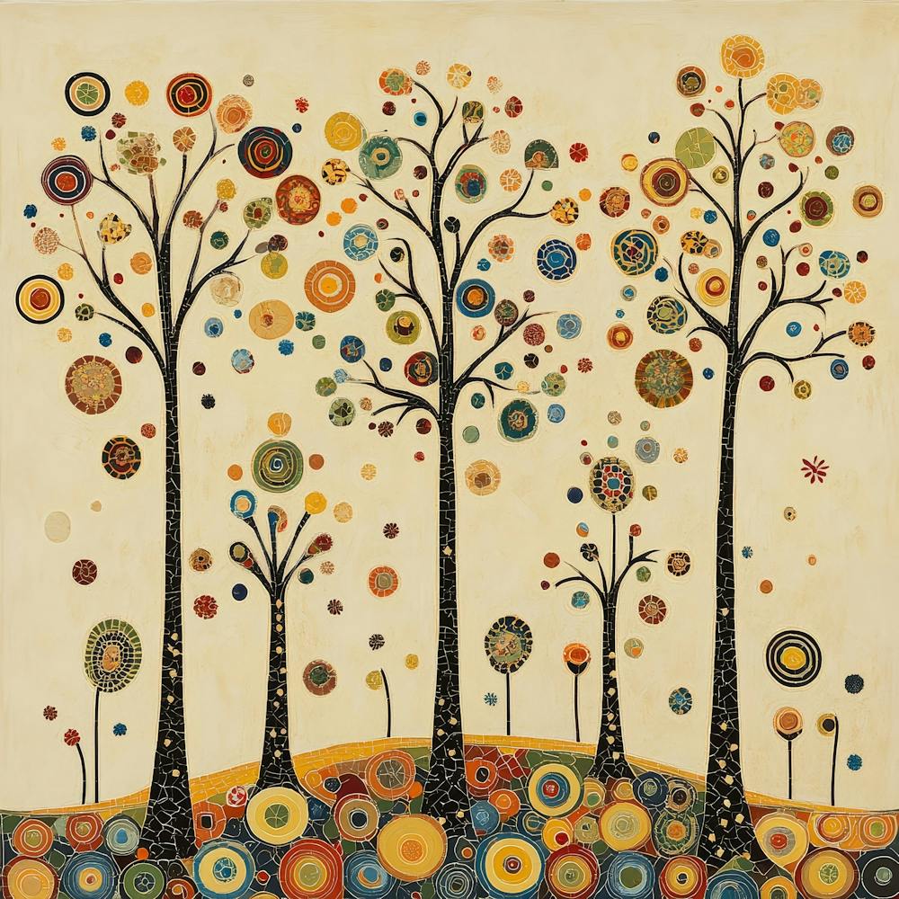 Folk Art Style Mosaic Trees 7